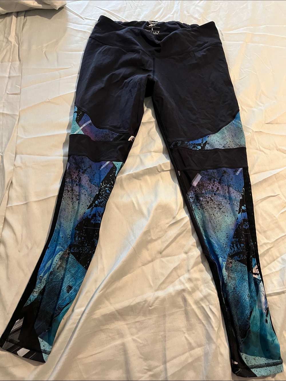 Reebok Black and Blue Abstract Panel Leggings